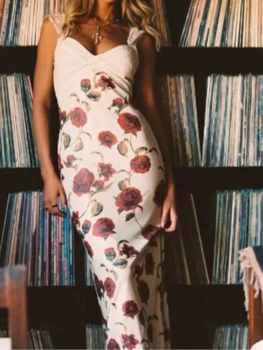 12th Tribe White Maxi Dress with Red Rose Print
